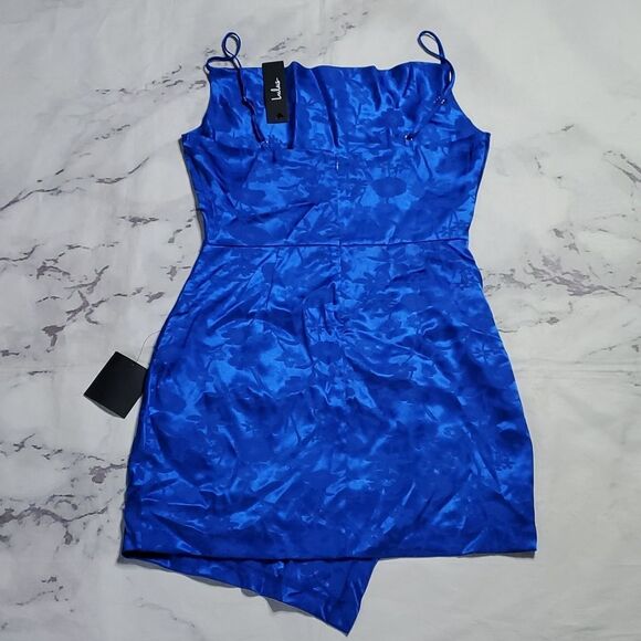 LuLus Blue Satin Cowl Neck Faux Wrap Mini Dress - Picture 6 of 7